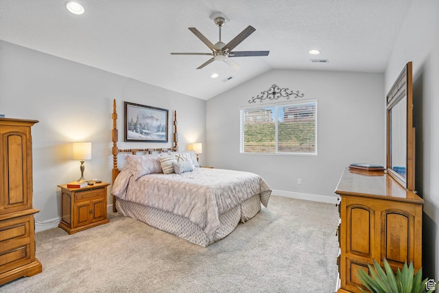 15097 S Cantle Dr, Bluffdale, UT 84065 - bedroom featuring light colored carpet, lofted ceiling, recessed lighting, baseboards, and ceiling fan