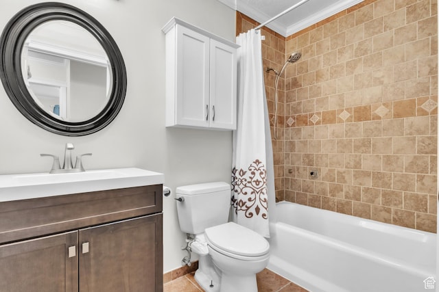 bathroom featuring tile patterned flooring, vanity, crown molding, shower / tub combo, and toilet