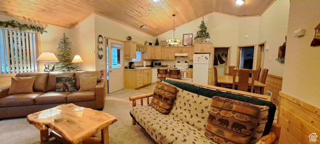 3526 Browning Rd, Island Park, ID 83429 - living room featuring light carpet, high vaulted ceiling, wood ceiling, and a wainscoted wall