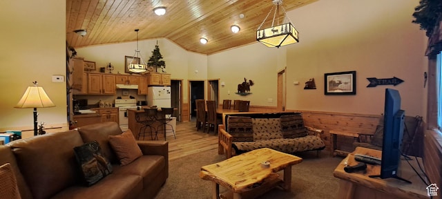 3526 Browning Rd, Island Park, ID 83429 - living area with high vaulted ceiling, wooden walls, wood ceiling, and wainscoting