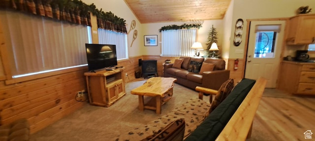 3526 Browning Rd, Island Park, ID 83429 - living area with a wainscoted wall, vaulted ceiling, wooden ceiling, wooden walls, and a wood stove