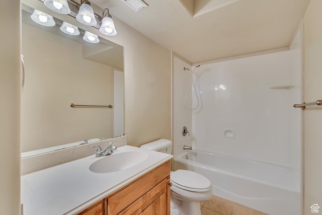 bathroom with bathtub / shower combination, toilet, vanity, tile patterned flooring, and visible vents