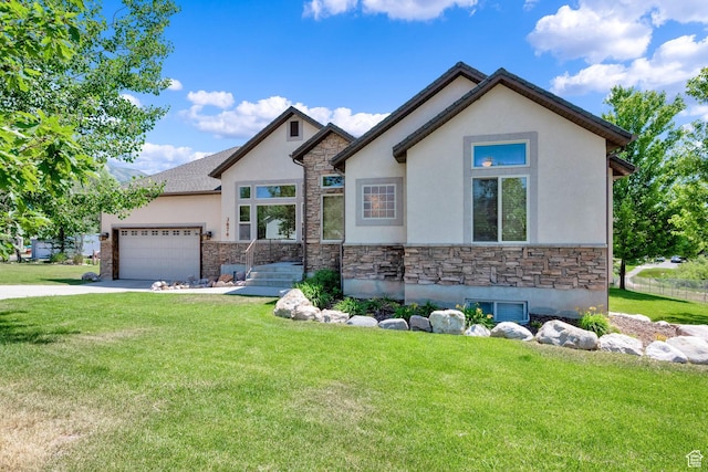 craftsman inspired home featuring concrete driveway, stucco siding, an attached garage, stone siding, and a front yard