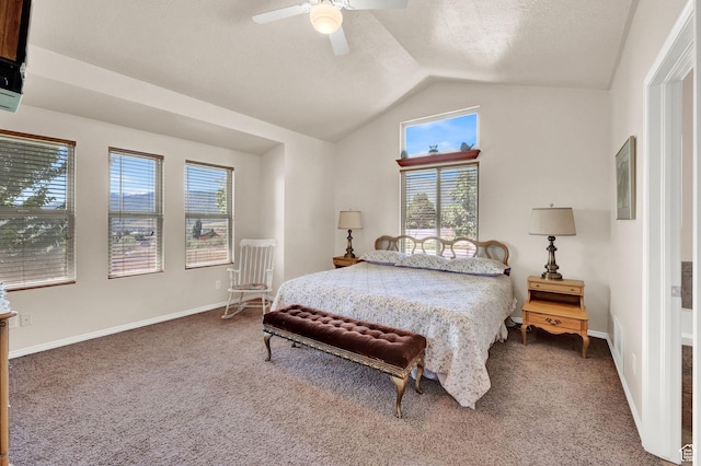 3674 N Willow Brooke Ln, Eden, UT 84310 - carpeted bedroom with baseboards, lofted ceiling, ceiling fan, and a textured ceiling