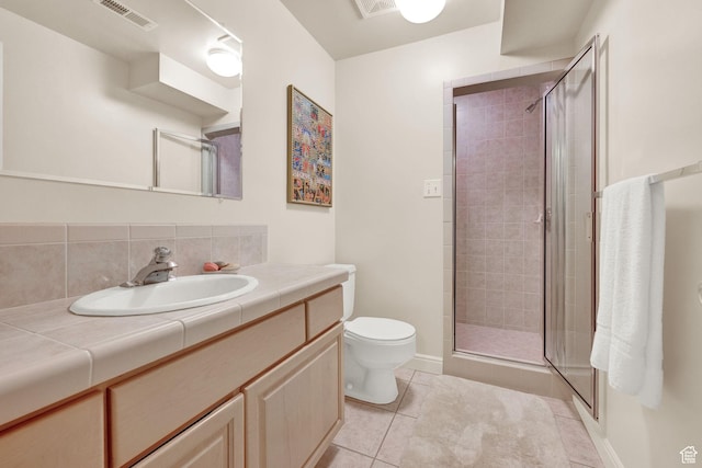 3674 N Willow Brooke Ln, Eden, UT 84310 - full bath featuring visible vents, toilet, tile patterned floors, a stall shower, and backsplash