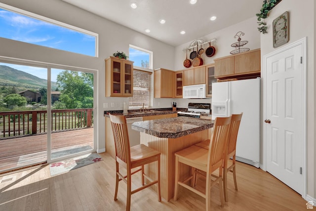 3674 N Willow Brooke Ln, Eden, UT 84310 - kitchen with a kitchen breakfast bar, a sink, light wood finished floors, and white appliances