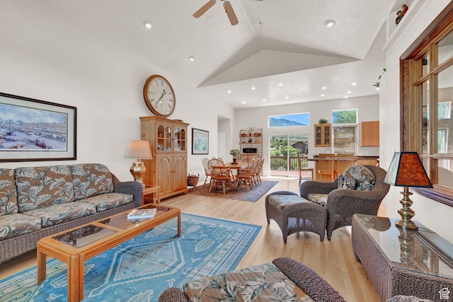 3674 N Willow Brooke Ln, Eden, UT 84310 - living area with light wood-style flooring, recessed lighting, high vaulted ceiling, and ceiling fan