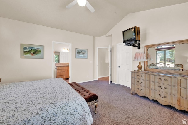 3674 N Willow Brooke Ln, Eden, UT 84310 - carpeted bedroom featuring connected bathroom, baseboards, high vaulted ceiling, and a ceiling fan