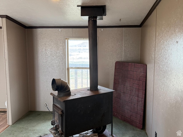 2445 N 260 W, Elmo, UT 84521 - office area featuring a textured ceiling, ornamental molding, light carpet, a textured wall, and a wood stove