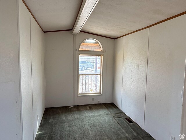 2445 N 260 W, Elmo, UT 84521 - carpeted empty room with visible vents, ornamental molding, and lofted ceiling with beams