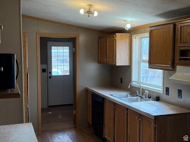2445 N 260 W, Elmo, UT 84521 - kitchen with light countertops, vaulted ceiling, a textured ceiling, a sink, and black appliances
