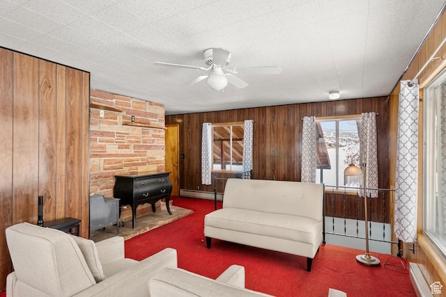 377 E Shore Rd, Saint Charles, ID 83272 - carpeted living room with ceiling fan, wood walls, a wood stove, and baseboard heating