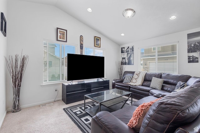 3414 S Melanie Cv W Unit 13, Magna, UT 84044 - living area with vaulted ceiling, recessed lighting, baseboards, carpet floors, and visible vents