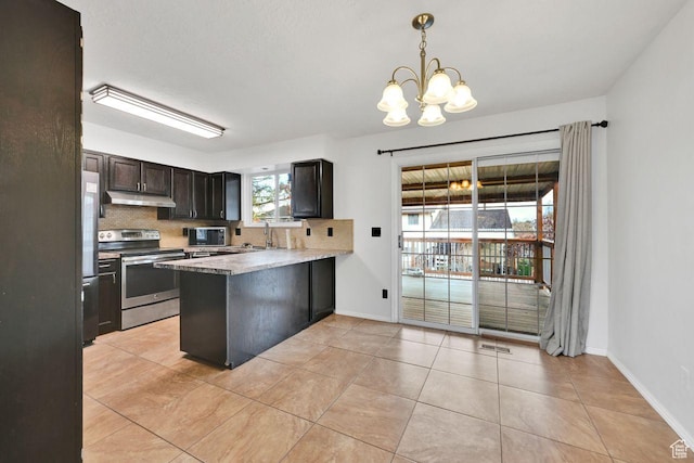 kitchen with tasteful backsplash, an inviting chandelier, under cabinet range hood, a peninsula, and appliances with stainless steel finishes