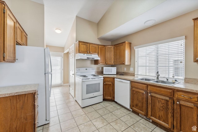 499 N 200 W Unit 8, Bountiful, UT 84010 - kitchen with a sink, brown cabinetry, under cabinet range hood, and white appliances