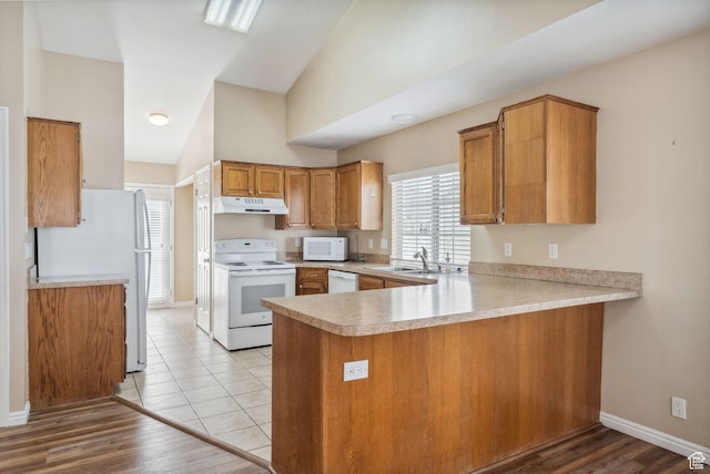 499 N 200 W Unit 8, Bountiful, UT 84010 - kitchen with light countertops, a peninsula, brown cabinets, under cabinet range hood, and white appliances