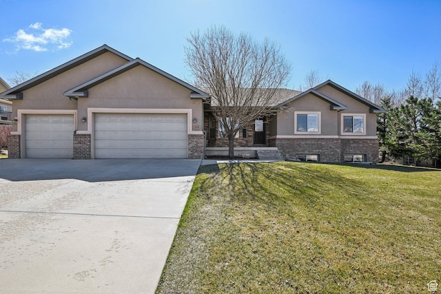 ranch-style house with a garage, brick siding, stucco siding, and a front lawn