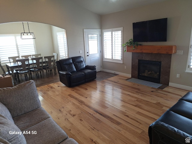 546 S Quirk St, Grantsville, UT 84029 - living room featuring vaulted ceiling, a tiled fireplace, wood finished floors, baseboards, and arched walkways
