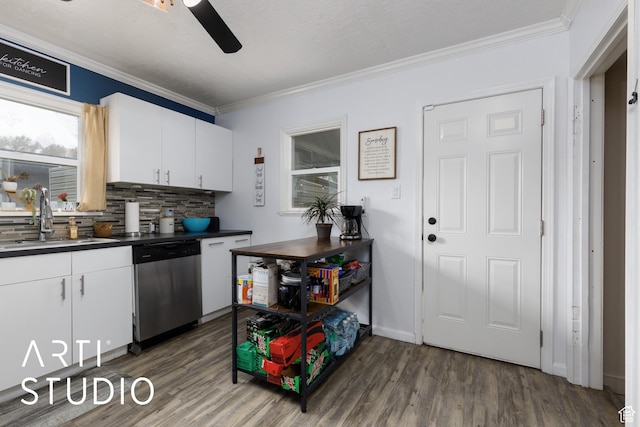 2209 Van Buren Ave, Ogden, UT 84401 - kitchen featuring stainless steel dishwasher, wood finished floors, ornamental molding, and a sink