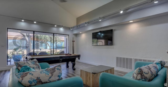 playroom with baseboards, visible vents, track lighting, pool table, and wood finished floors