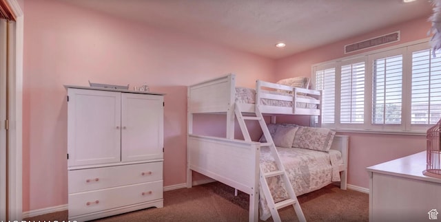 bedroom featuring baseboards, carpet flooring, visible vents, and recessed lighting