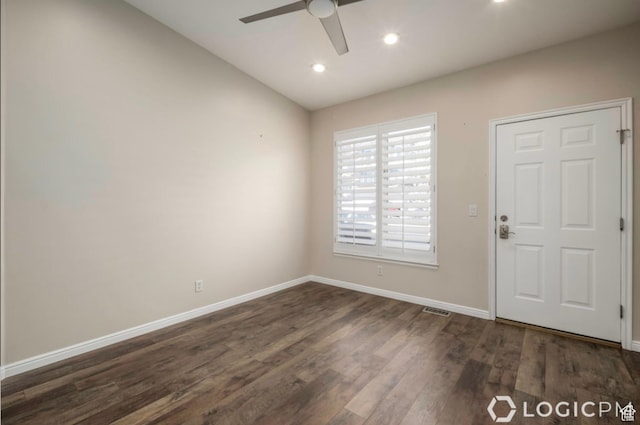 unfurnished room featuring recessed lighting, baseboards, visible vents, ceiling fan, and dark wood-style floors