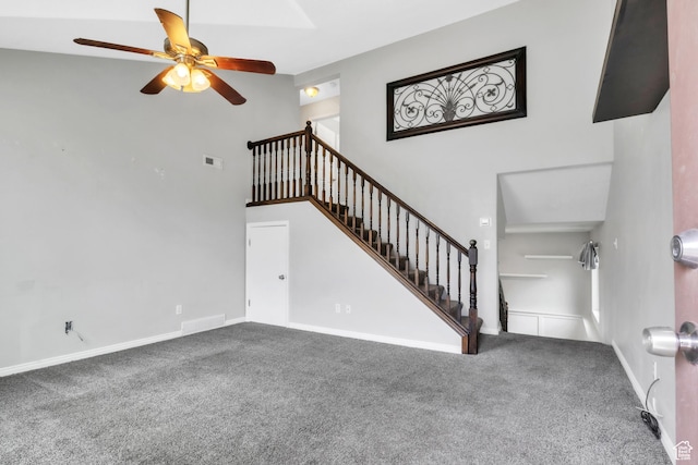 565 N Lynnbrook Dr, Spanish Fork, UT 84660 - unfurnished living room featuring stairs, visible vents, ceiling fan, and carpet