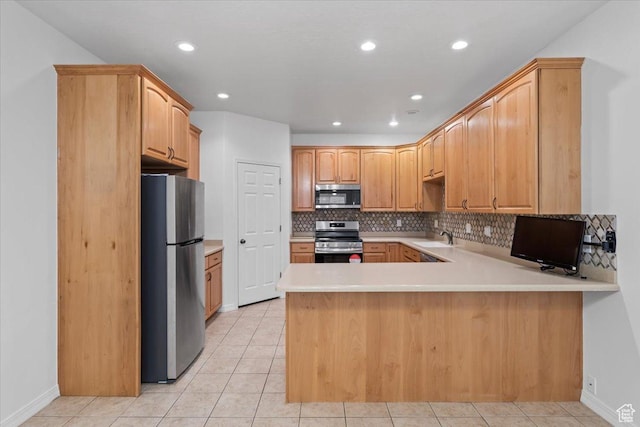 9587 N 4500 W, Cedar Hills, UT 84062 - kitchen featuring light tile patterned floors, stainless steel appliances, backsplash, a sink, and a peninsula