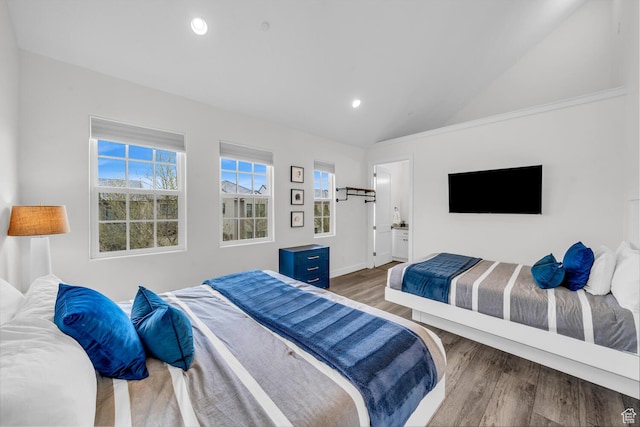 4301 W Canterbury Rd, Hurricane, UT 84737 - bedroom with connected bathroom, vaulted ceiling, wood finished floors, baseboards, and recessed lighting