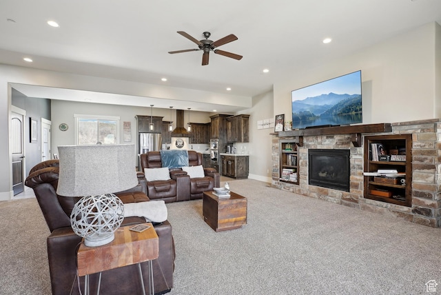 1713 E Viewside Cir, Hideout, UT 84036 - living room with baseboards, recessed lighting, a ceiling fan, light carpet, and a stone fireplace