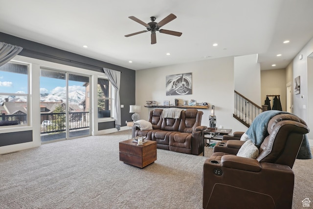 1713 E Viewside Cir, Hideout, UT 84036 - carpeted living area with stairs, visible vents, recessed lighting, and a ceiling fan