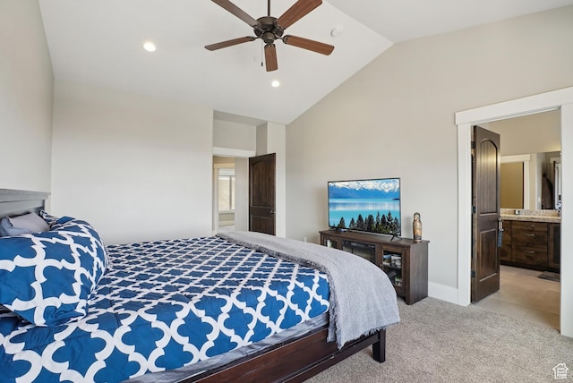 1713 E Viewside Cir, Hideout, UT 84036 - bedroom featuring high vaulted ceiling, ensuite bathroom, light colored carpet, ceiling fan, and recessed lighting