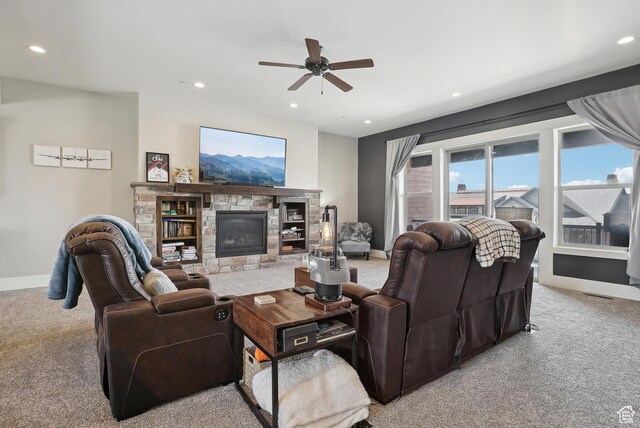 1713 E Viewside Cir, Hideout, UT 84036 - living room with light colored carpet, baseboards, recessed lighting, and a ceiling fan