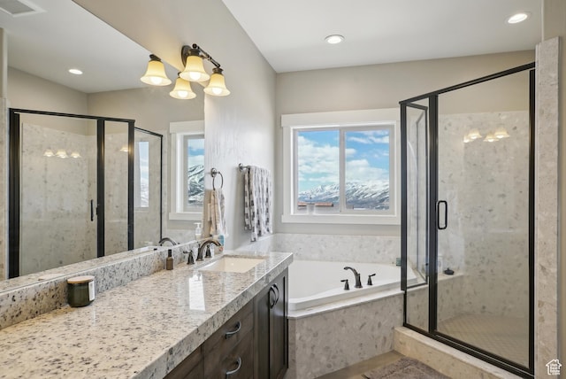 1713 E Viewside Cir, Hideout, UT 84036 - bathroom with vanity, a stall shower, visible vents, and a bath