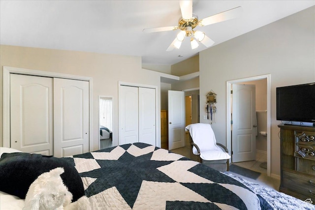 2050 W Canyon View Dr Unit 203, St George, UT 84770 - bedroom with multiple closets, ceiling fan, and vaulted ceiling