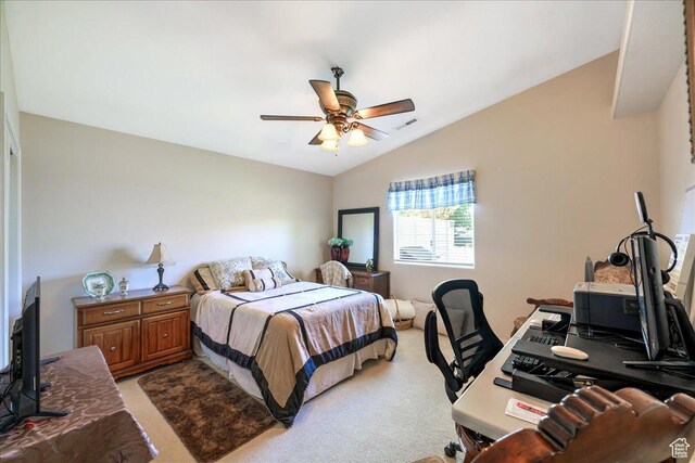 2050 W Canyon View Dr Unit 203, St George, UT 84770 - bedroom with lofted ceiling, visible vents, a ceiling fan, and light colored carpet