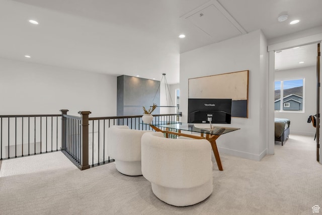 carpeted office space featuring attic access, baseboards, and recessed lighting