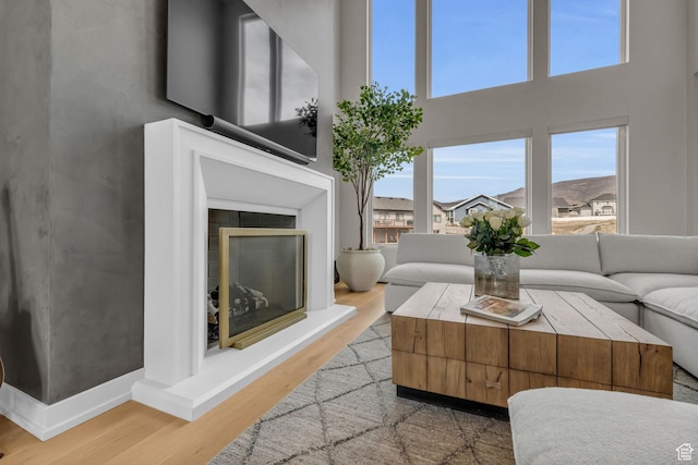 living area with baseboards, wood finished floors, and a towering ceiling