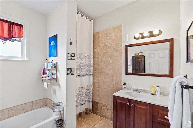 3824 S 500 E, South Salt Lake, UT 84106 - full bath with tiled shower, tile patterned flooring, vanity, and a garden tub