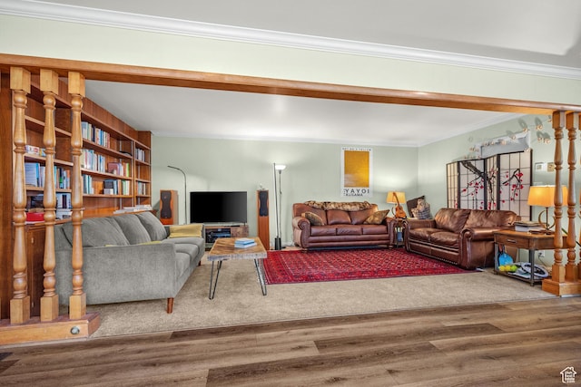 living room featuring crown molding and wood finished floors