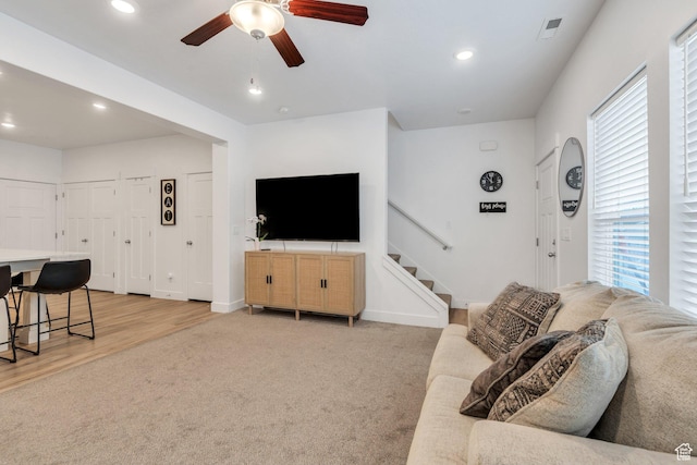 2740 E Kistler Aly, Eagle Mountain, UT 84005 - living area with recessed lighting, stairway, and ceiling fan