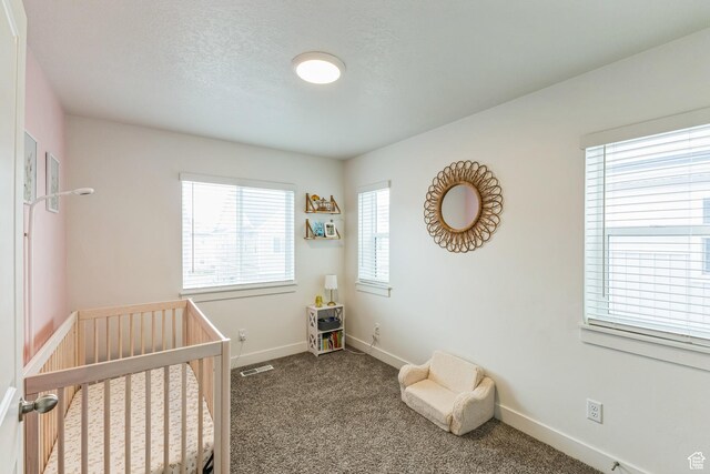 917 W 1000 N Unit 6, Tremonton, UT 84337 - bedroom featuring a textured ceiling, baseboards, visible vents, dark carpet, and a nursery area