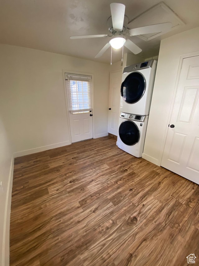 369 E 400 S, Springville, UT 84663 - clothes washing area featuring stacked washer / dryer, baseboards, wood finished floors, laundry area, and a ceiling fan