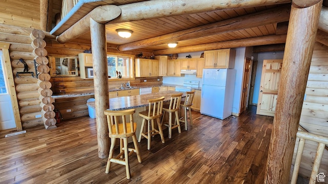 2568 Foxridge Dr, Garden City, UT 84028 - dining room with dark wood-style flooring, beamed ceiling, wooden ceiling, and rustic walls