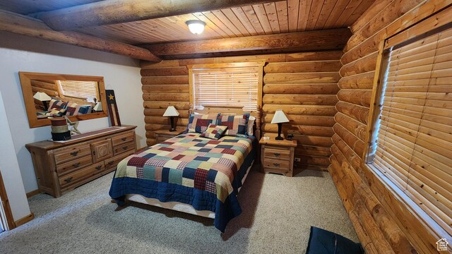 2568 Foxridge Dr, Garden City, UT 84028 - carpeted bedroom with wooden ceiling, rustic walls, and beam ceiling