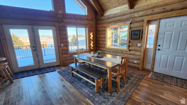 2568 Foxridge Dr, Garden City, UT 84028 - dining area with rustic walls, wooden ceiling, hardwood / wood-style flooring, french doors, and healthy amount of natural light