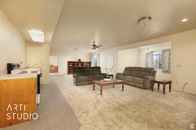 486 W 1200 N, Mapleton, UT 84664 - living room featuring ceiling fan with notable chandelier, carpet, and recessed lighting