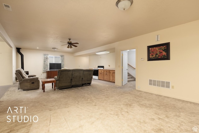 486 W 1200 N, Mapleton, UT 84664 - living area featuring stairs, ceiling fan, light colored carpet, and visible vents