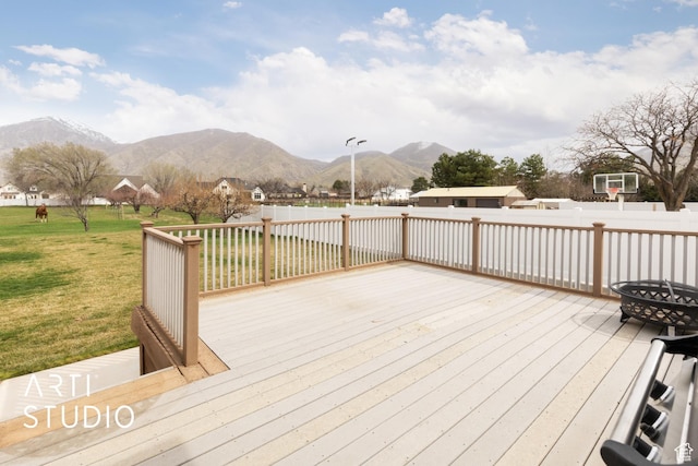 486 W 1200 N, Mapleton, UT 84664 - wooden terrace with fence, a mountain view, and a yard