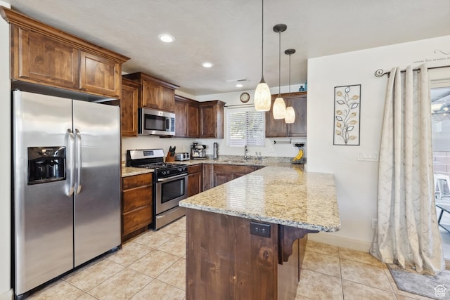 6212 W 100 S, Hurricane, UT 84737 - kitchen featuring stainless steel appliances, light stone countertops, a sink, light tile patterned flooring, and a peninsula